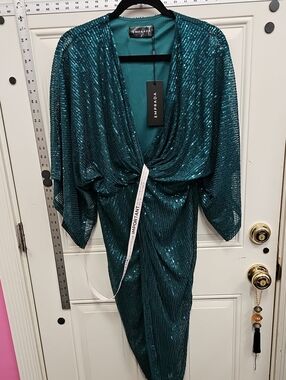 Emprada Teal Sequin Twist-Front Long Sleeve Dress